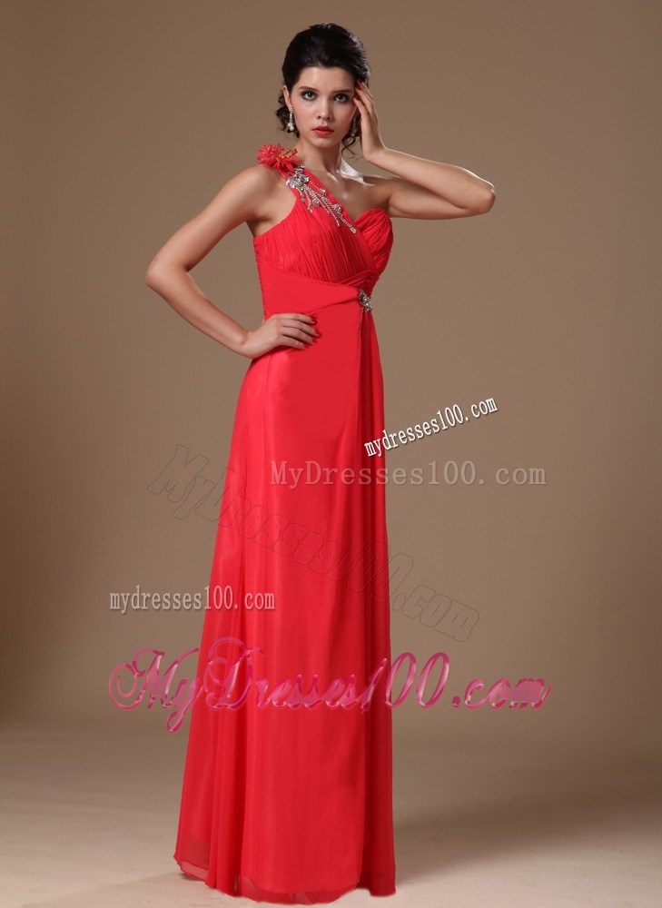 Coral Red One Shoulder Prom Dress Empire Style Beading Decorate