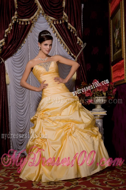 Gold A-line Prom Dress with Beading and Pick-ups