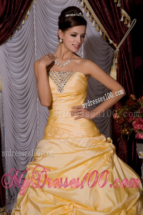 Gold A-line Prom Dress with Beading and Pick-ups