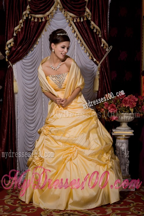 Gold A-line Prom Dress with Beading and Pick-ups