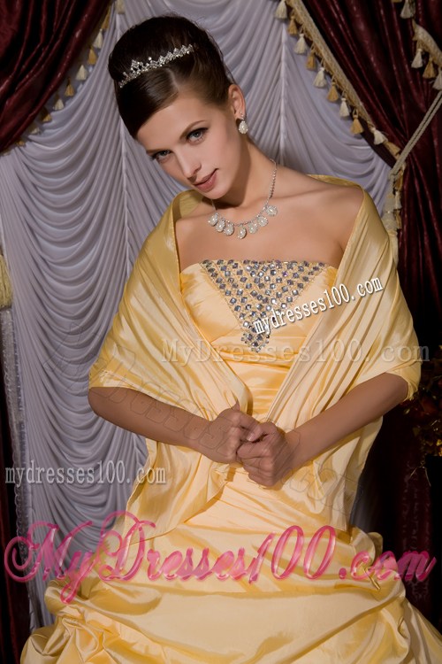 Gold A-line Prom Dress with Beading and Pick-ups