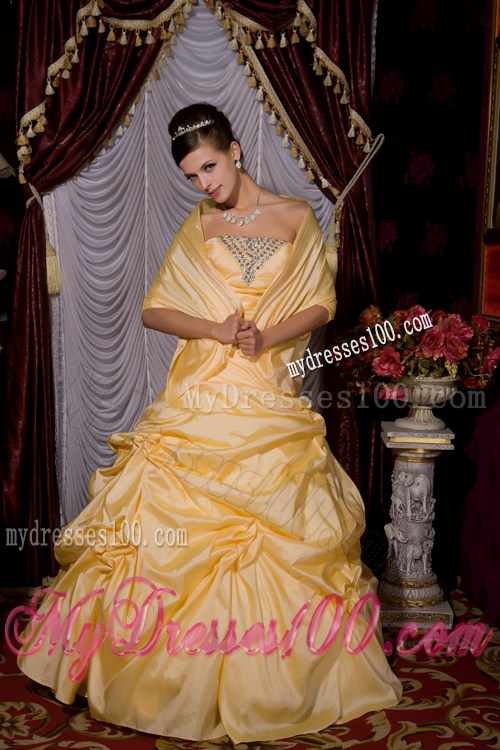 Gold A-line Prom Dress with Beading and Pick-ups