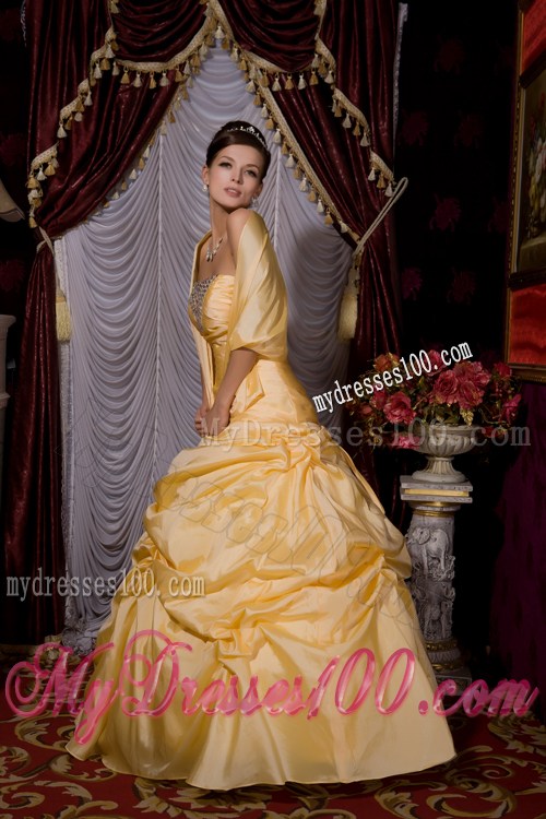 Gold A-line Prom Dress with Beading and Pick-ups