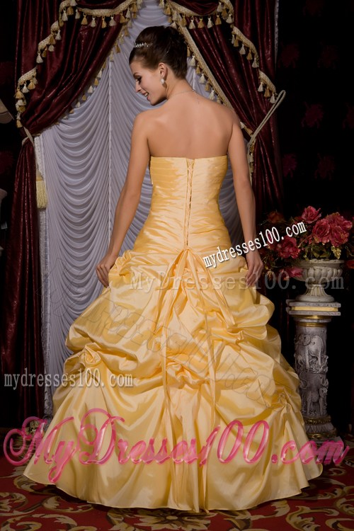 Gold A-line Prom Dress with Beading and Pick-ups