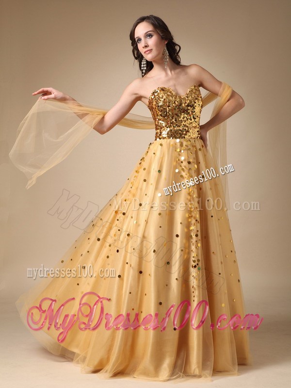 A-line Sweetheart Prom Dresses with Shining Gold Paillettes and tulle Wrap