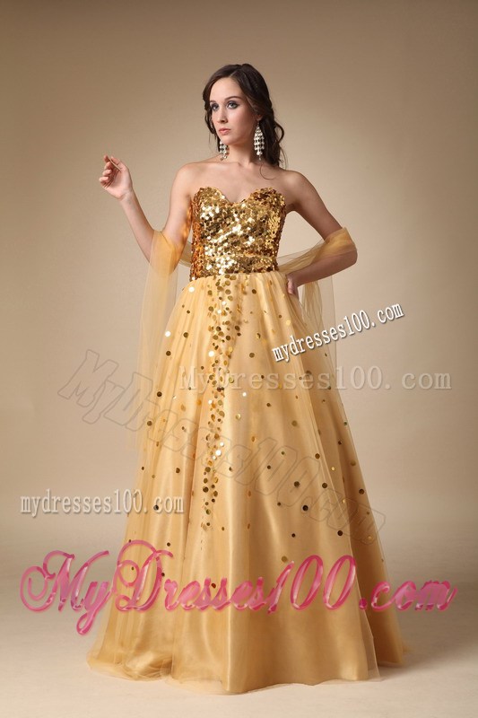 A-line Sweetheart Prom Dresses with Shining Gold Paillettes and tulle Wrap