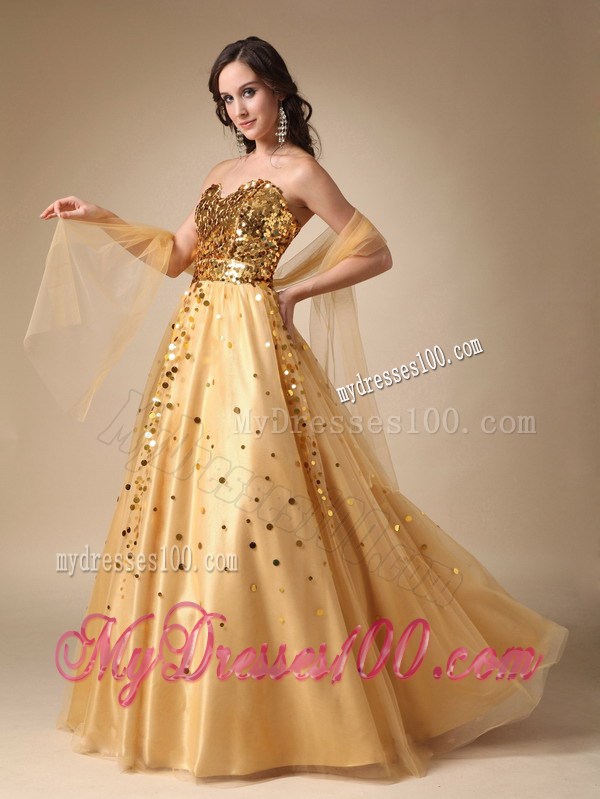 A-line Sweetheart Prom Dresses with Shining Gold Paillettes and tulle Wrap