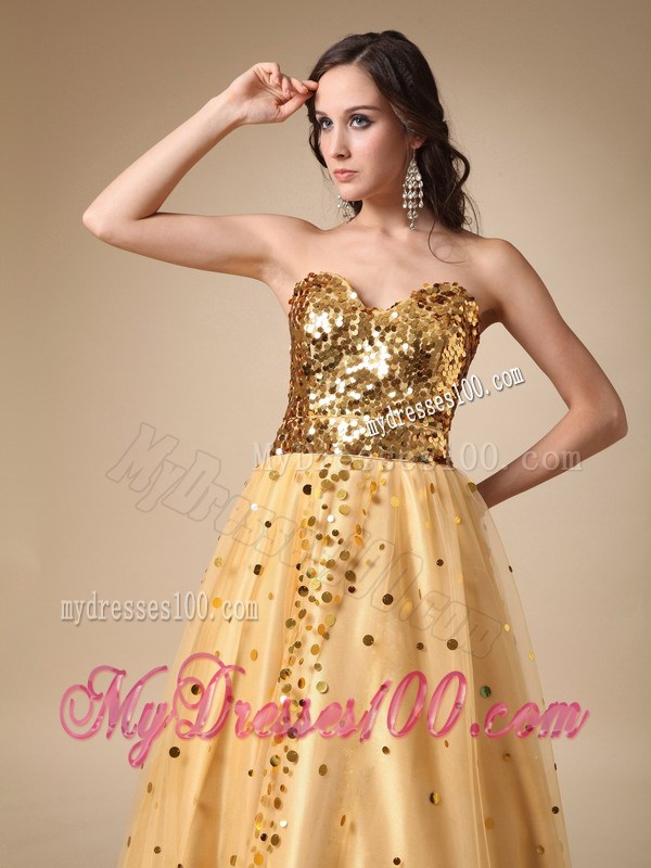 A-line Sweetheart Prom Dresses with Shining Gold Paillettes and tulle Wrap