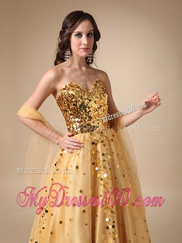 A-line Sweetheart Prom Dresses with Shining Gold Paillettes and tulle Wrap