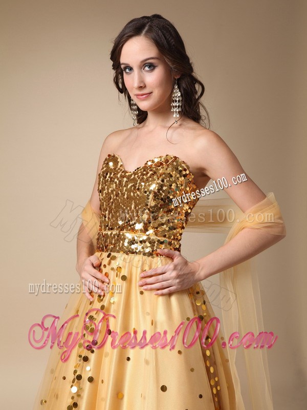 A-line Sweetheart Prom Dresses with Shining Gold Paillettes and tulle Wrap
