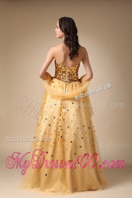 A-line Sweetheart Prom Dresses with Shining Gold Paillettes and tulle Wrap