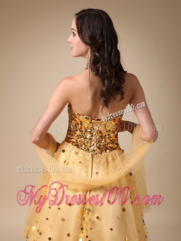 A-line Sweetheart Prom Dresses with Shining Gold Paillettes and tulle Wrap
