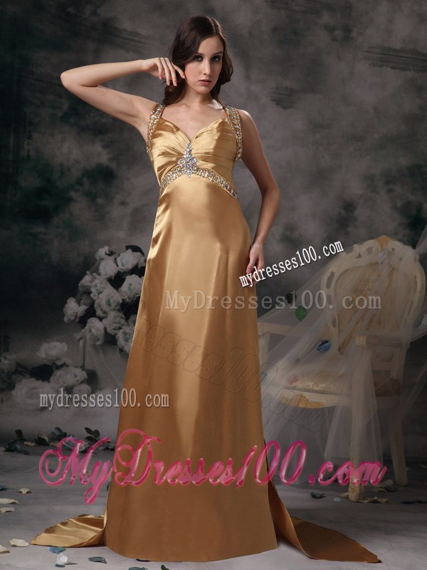 Beaded Gold Prom Dress with Brush Train and Criss-cross Back