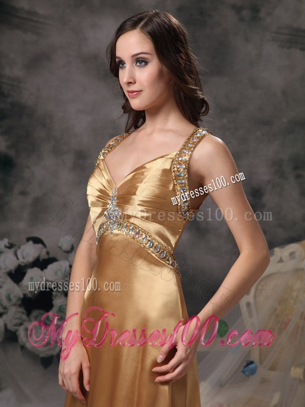 Beaded Gold Prom Dress with Brush Train and Criss-cross Back