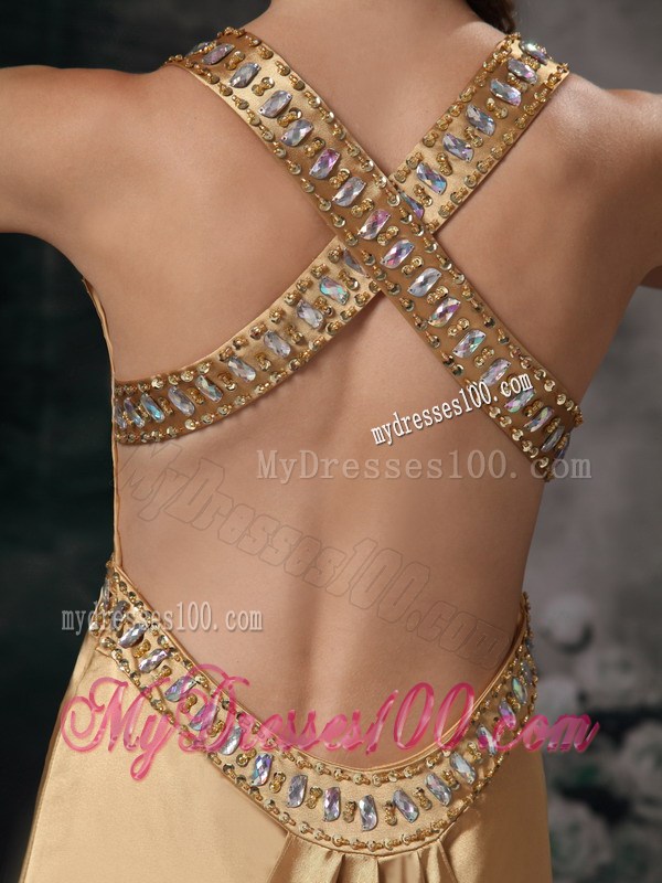Beaded Gold Prom Dress with Brush Train and Criss-cross Back