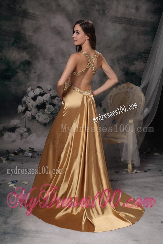 Beaded Gold Prom Dress with Brush Train and Criss-cross Back