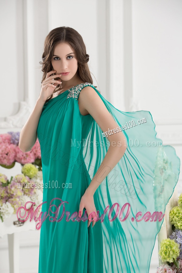 Green Empire One Shoulder Beading Watteau Train Ruching Evening Dress