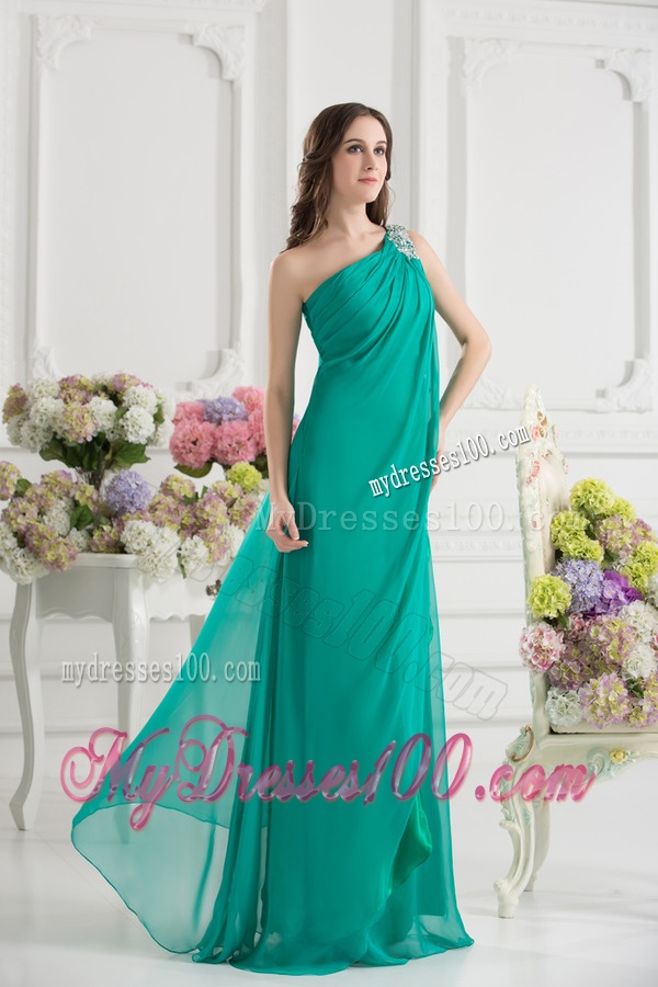 Green Empire One Shoulder Beading Watteau Train Ruching Evening Dress