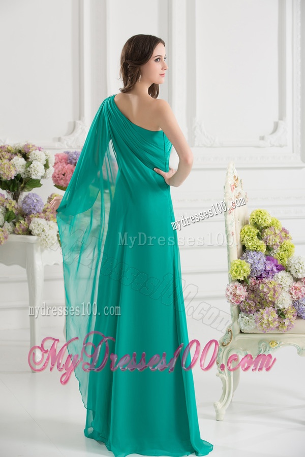 Green Empire One Shoulder Beading Watteau Train Ruching Evening Dress