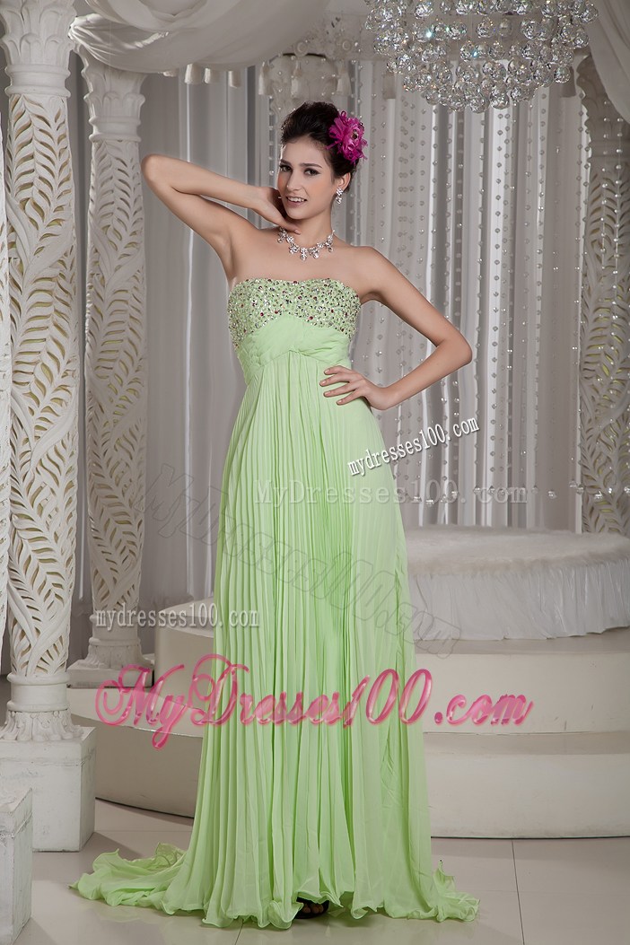 Brush Yellow Green Prom Dresses with Beading and Pleats