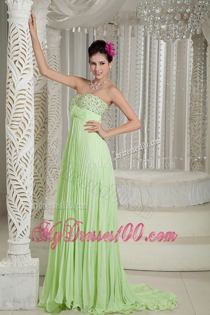 Brush Yellow Green Prom Dresses with Beading and Pleats