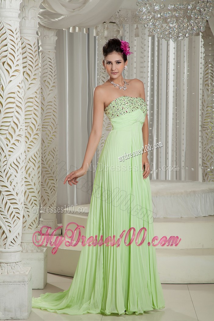 Brush Yellow Green Prom Dresses with Beading and Pleats