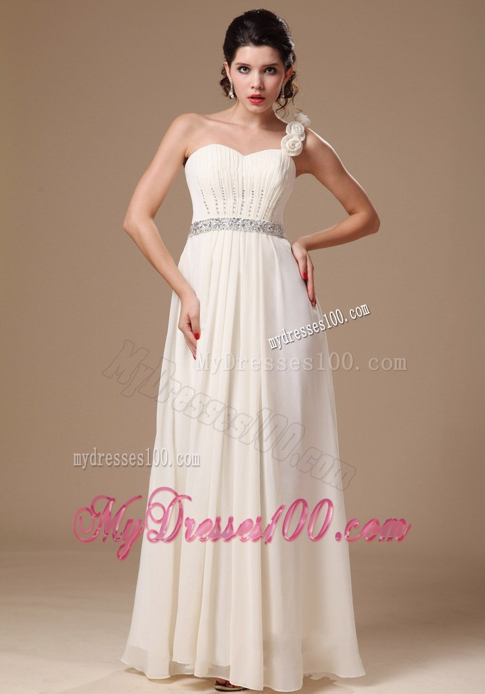 One Shoulder Beading Decorate Chiffon Prom Gowns With Flowers
