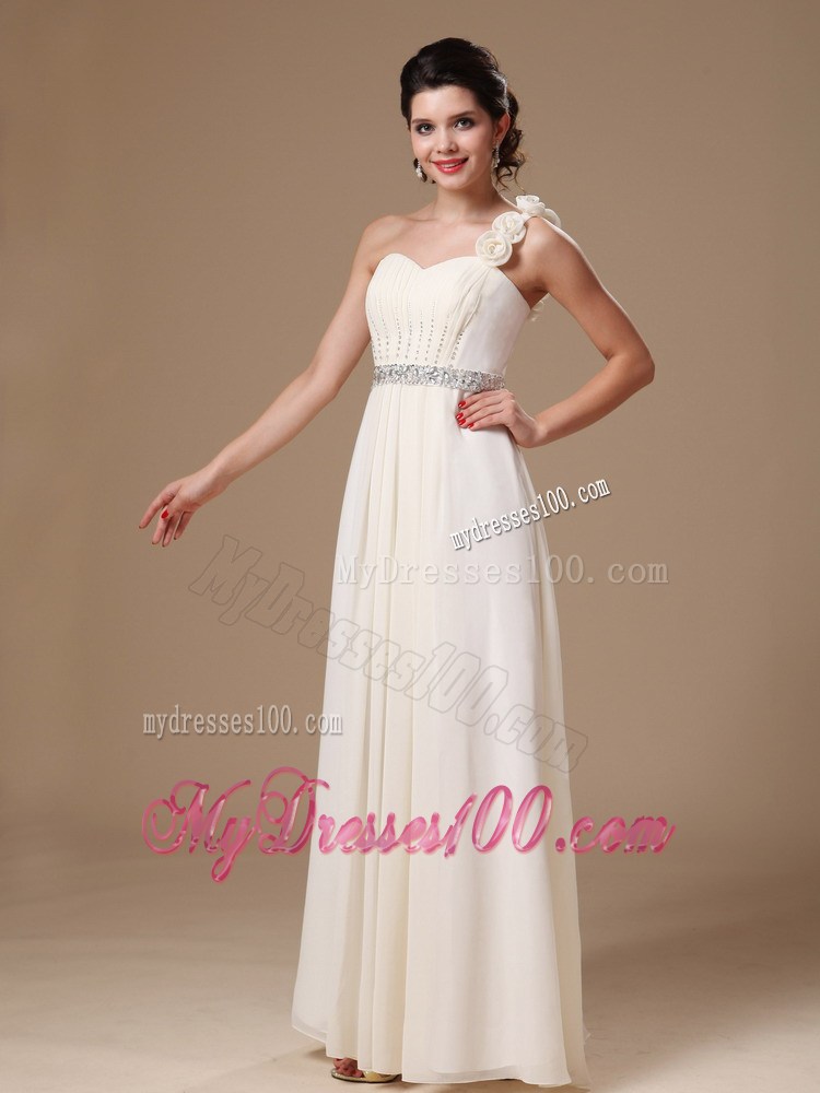 One Shoulder Beading Decorate Chiffon Prom Gowns With Flowers
