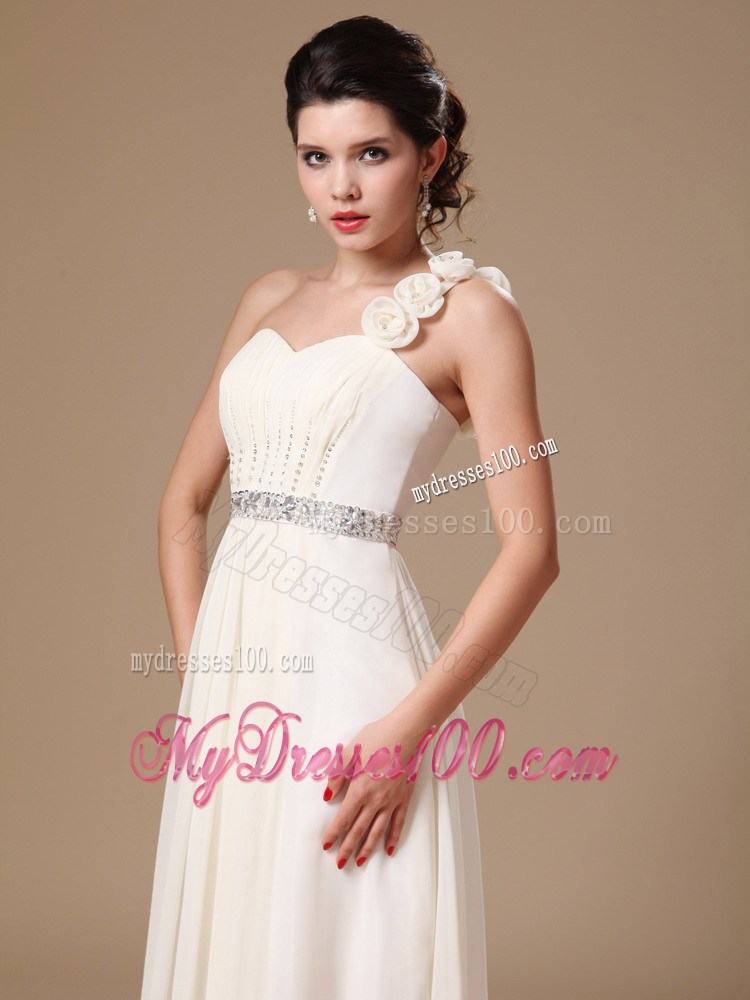 One Shoulder Beading Decorate Chiffon Prom Gowns With Flowers