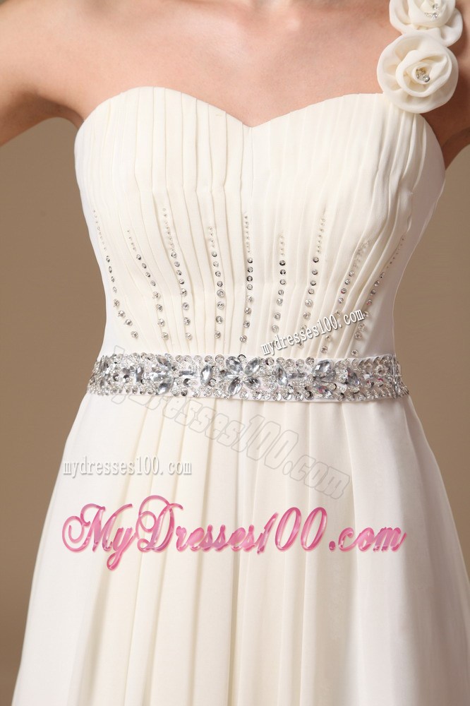 One Shoulder Beading Decorate Chiffon Prom Gowns With Flowers