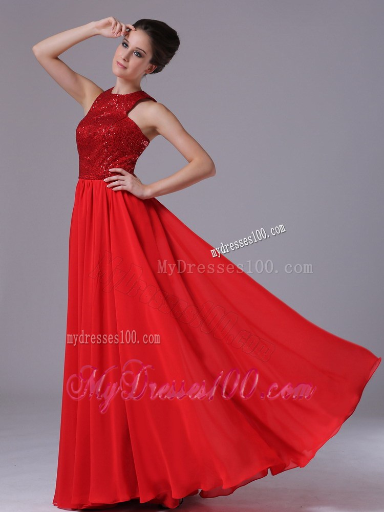 2013 Affordable Paillette Over High-Neck Empire Red Prom Dress