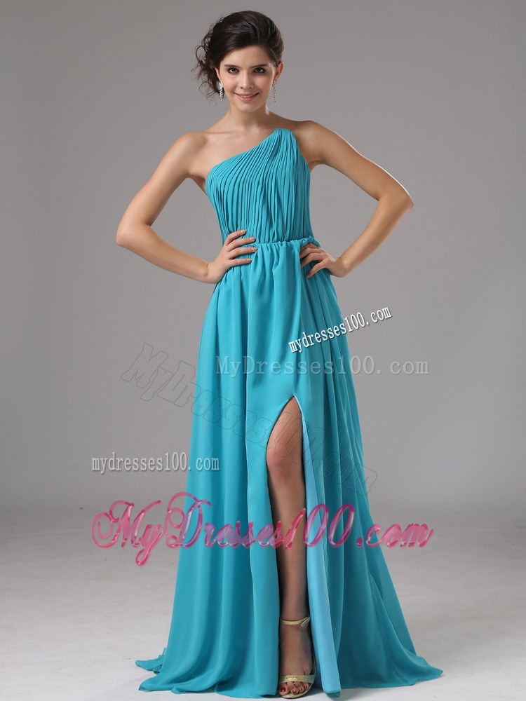 High Slit and Pleated 2013 Aqua Blue Prom Dress with Brush Train