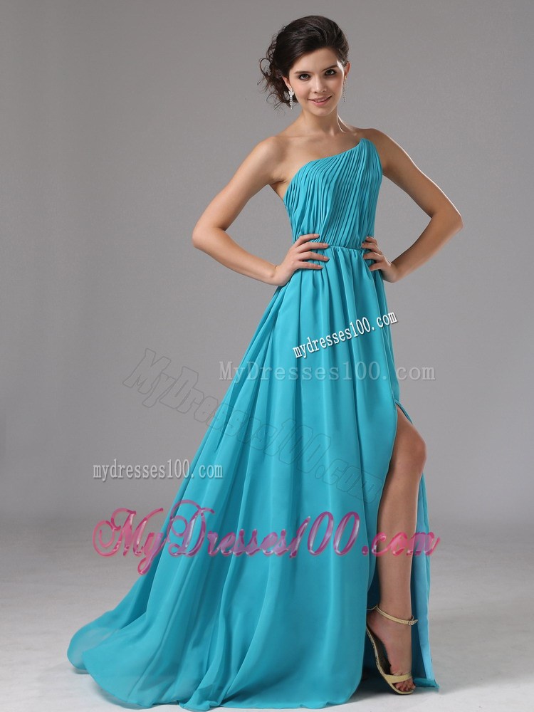 High Slit and Pleated 2013 Aqua Blue Prom Dress with Brush Train