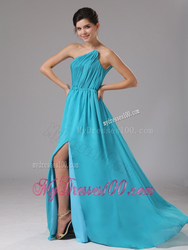 High Slit and Pleated 2013 Aqua Blue Prom Dress with Brush Train