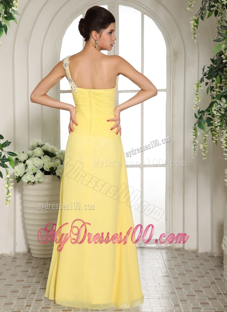 Stylish Light Yellow One Shoulder High Slit Prom Dress With Appliques