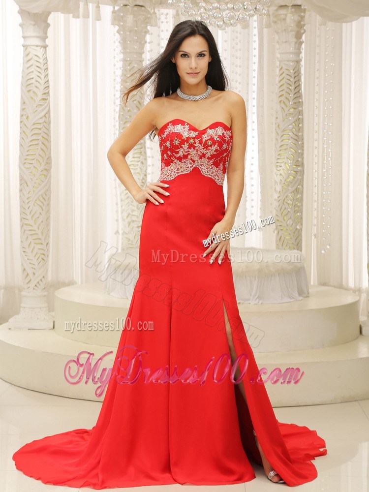 High Slit Sweetheart Appliques Decorate For Celebrity Prom Dress