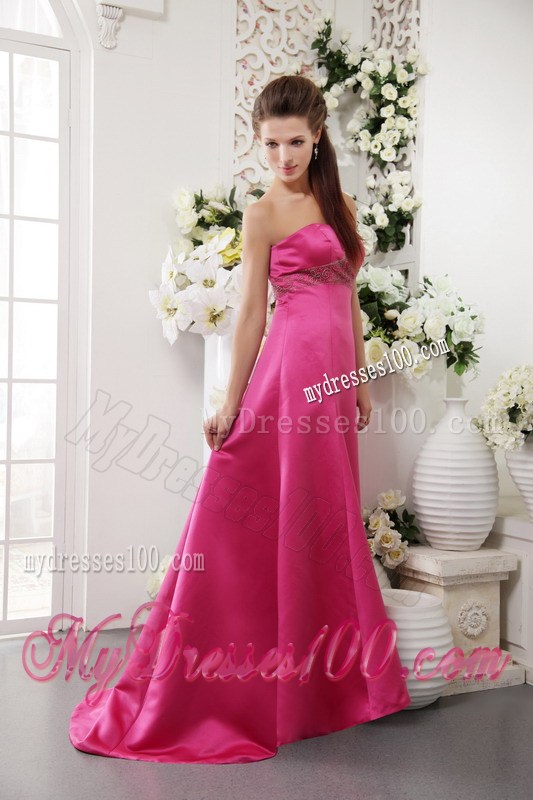 Beaded Strapless Hot Pink Prom Dress with Brush Train