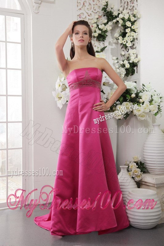 Beaded Strapless Hot Pink Prom Dress with Brush Train