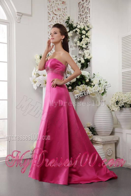 Beaded Strapless Hot Pink Prom Dress with Brush Train