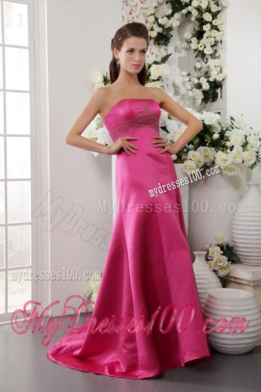 Beaded Strapless Hot Pink Prom Dress with Brush Train