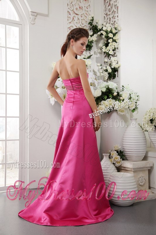 Beaded Strapless Hot Pink Prom Dress with Brush Train