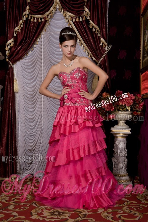 Layers and Beading Decorate Prom Dress in Hot Pink
