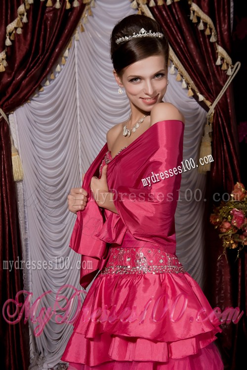 Layers and Beading Decorate Prom Dress in Hot Pink