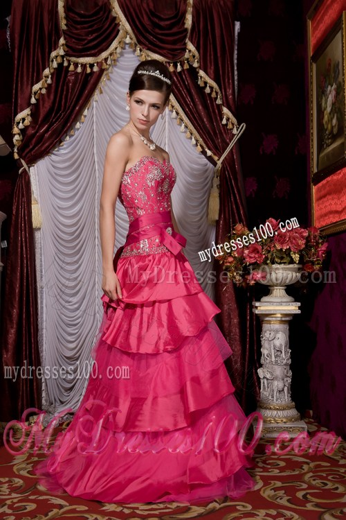 Layers and Beading Decorate Prom Dress in Hot Pink