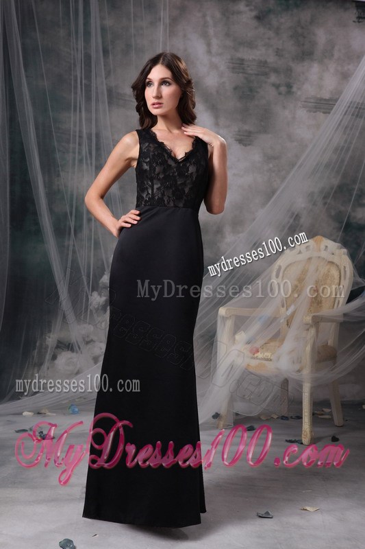Elegant Black Column V-neck Prom Dress with Lace Accented