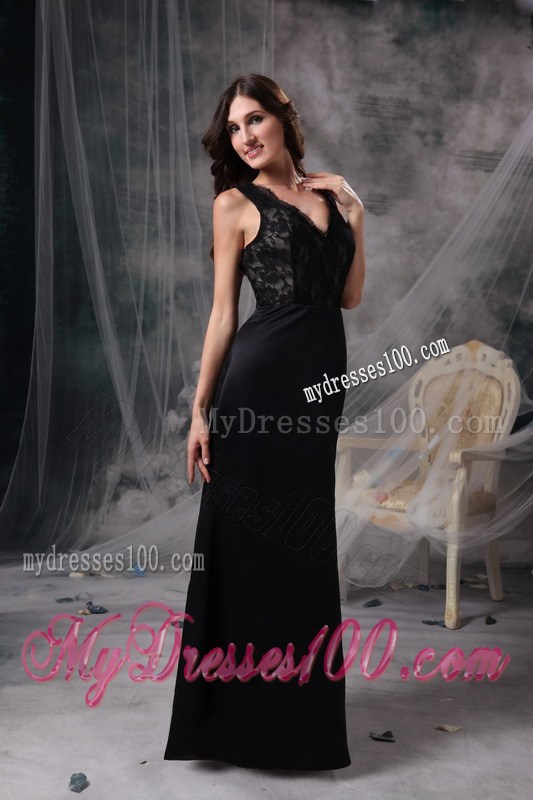 Elegant Black Column V-neck Prom Dress with Lace Accented