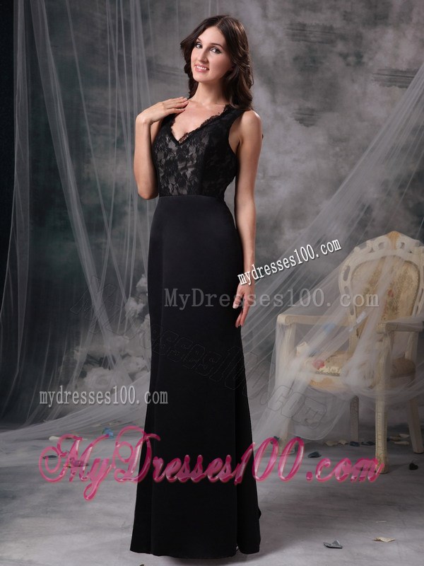 Elegant Black Column V-neck Prom Dress with Lace Accented