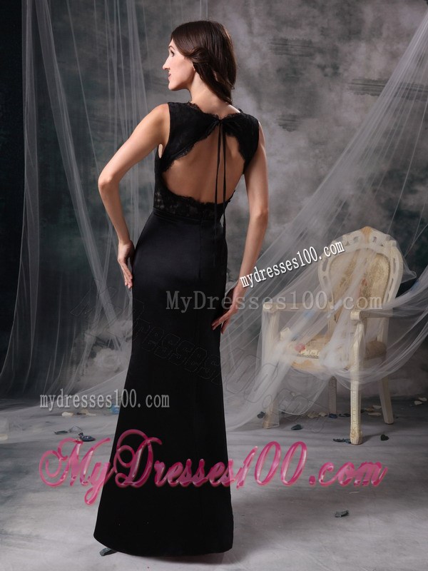 Elegant Black Column V-neck Prom Dress with Lace Accented