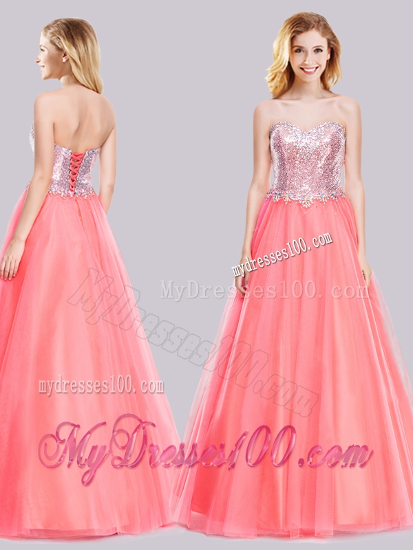 Latest A Line Tulle Sequined Long Evening Dress in Watermelon