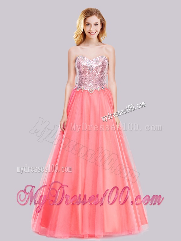 Latest A Line Tulle Sequined Long Evening Dress in Watermelon
